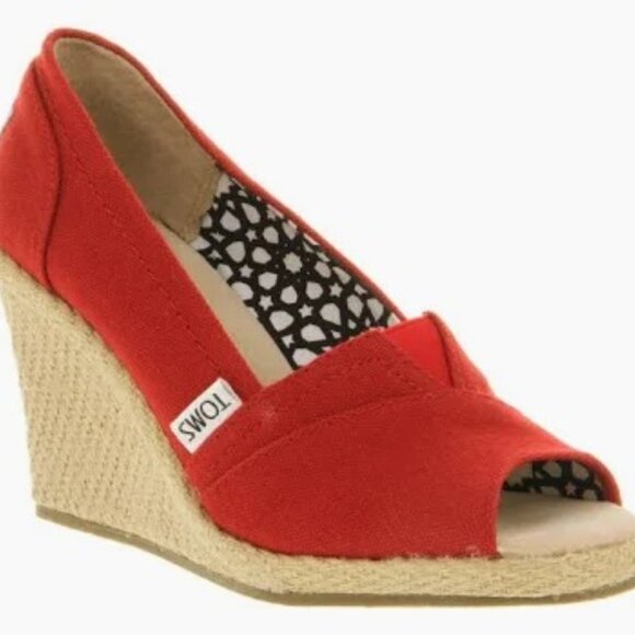 Toms Women's Wedges Red Calypso Canvas Espadrille Slip On Peep Toe-SIZE 9.5 - Picture 2 of 13